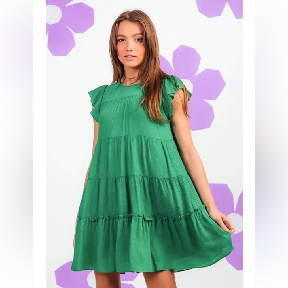 Umgee Tiered Ruffle Babydoll Dress Kelly Green Size Medium Cotton Spring Summer